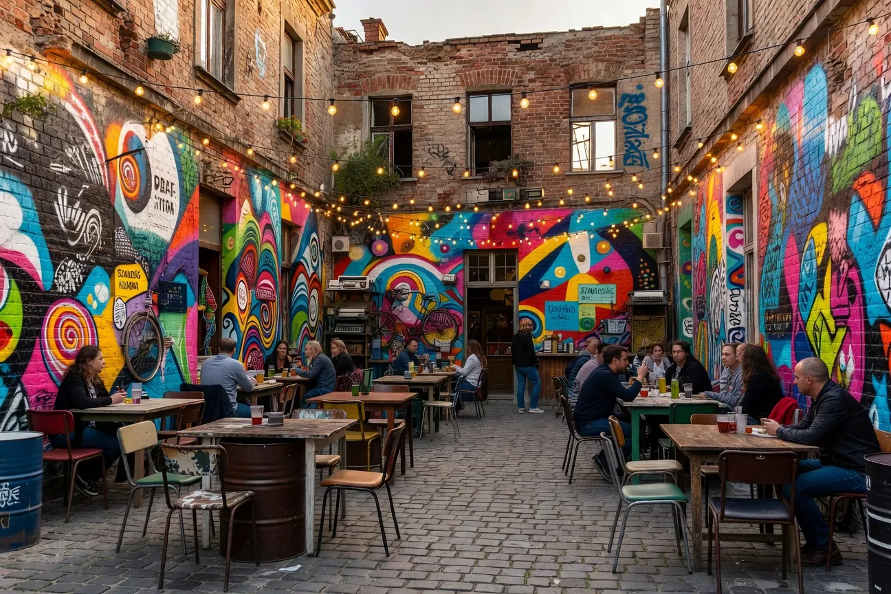 Rue animée du quartier juif de Budapest avec graffitis et terrasses de ruin-bars, ambiance nocturne, wide landscape composition