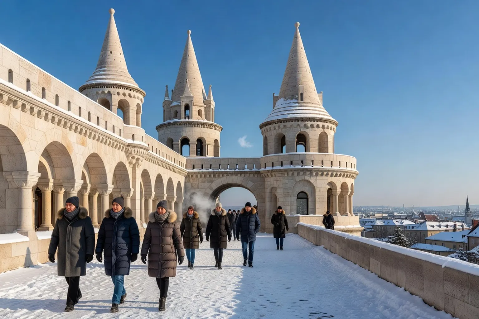 Piscine extérieure des bains Széchenyi en hiver, vapeur montant dans l'air froid, baigneurs dans l'eau chaude
