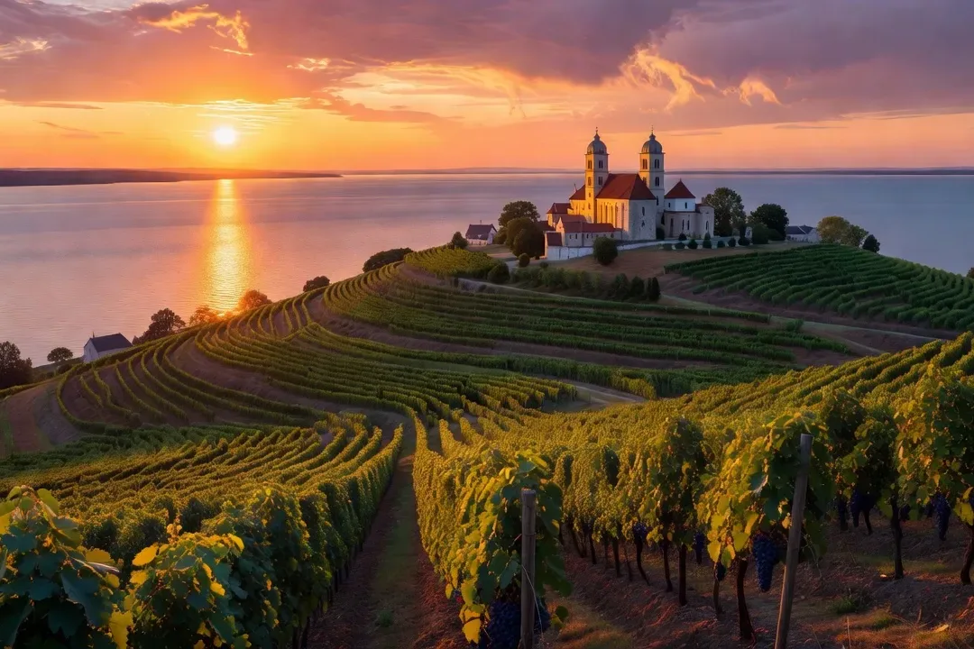 Coucher de soleil sur le lac Balaton depuis la péninsule de Tihany, vignobles et abbaye en Hongrie