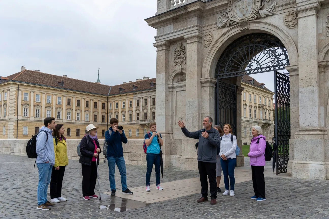 Groupe de touristes visitant le château de Budapest en circuit organisé
