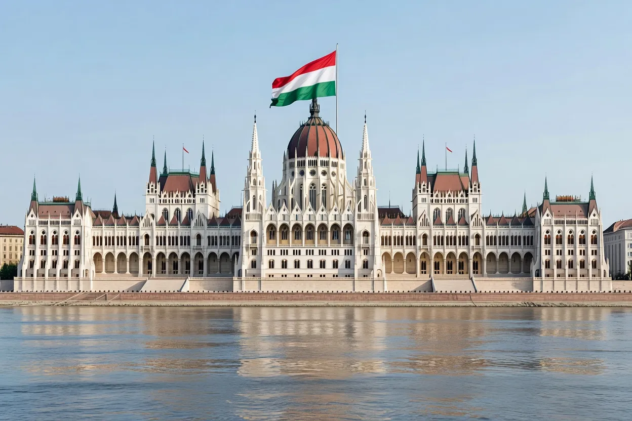 Parlement hongrois à Budapest au bord du Danube, vue de jour, drapeau hongrois flottant, ambiance calme