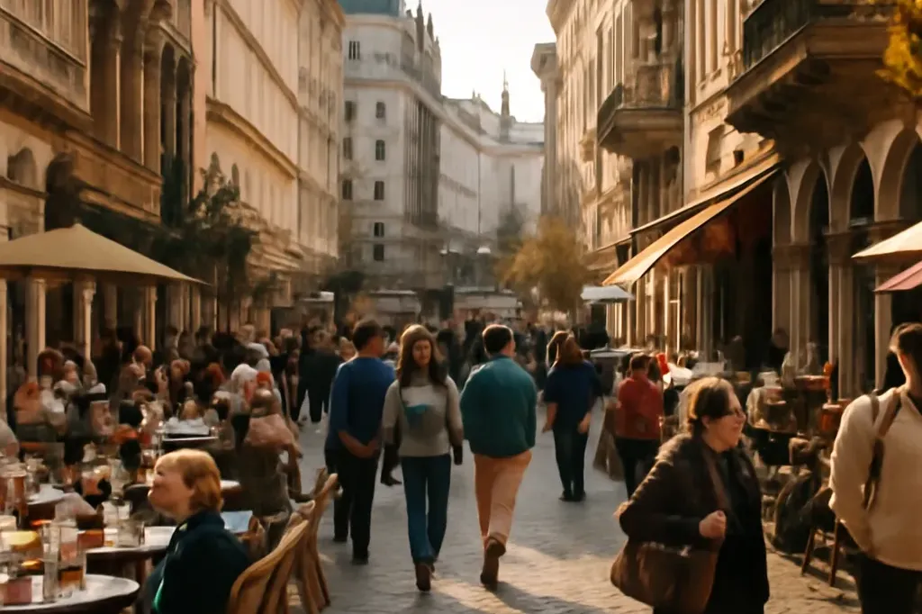 Rue commerçante animée de Budapest avec touristes et locaux, terrasses de café, vie quotidienne norm
