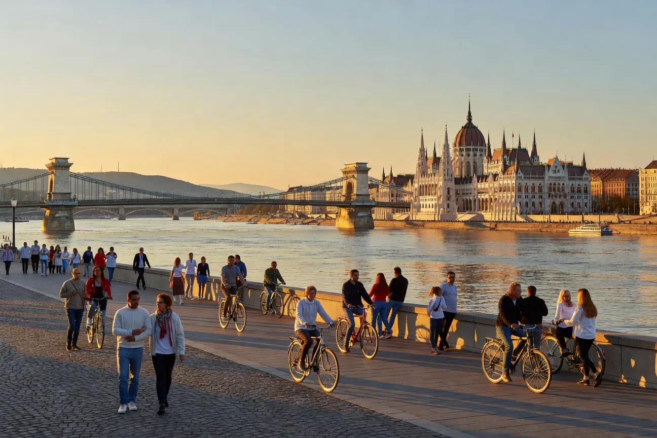 Piste cyclable du lac Balaton avec cyclistes et vue sur les rives hongroises en été