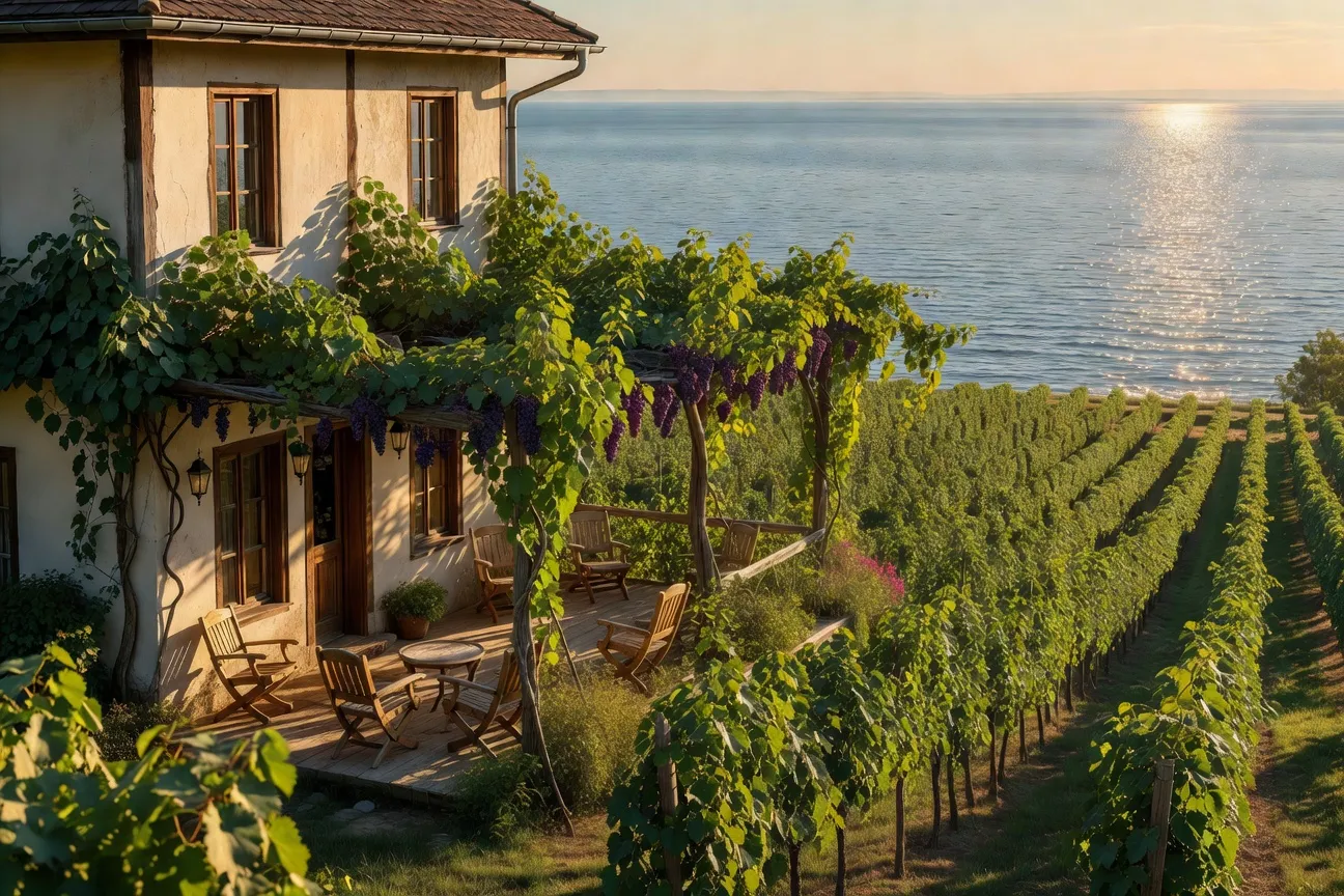 Vue panoramique sur le lac Balaton avec hôtel thermal en bord de lac, Hongrie