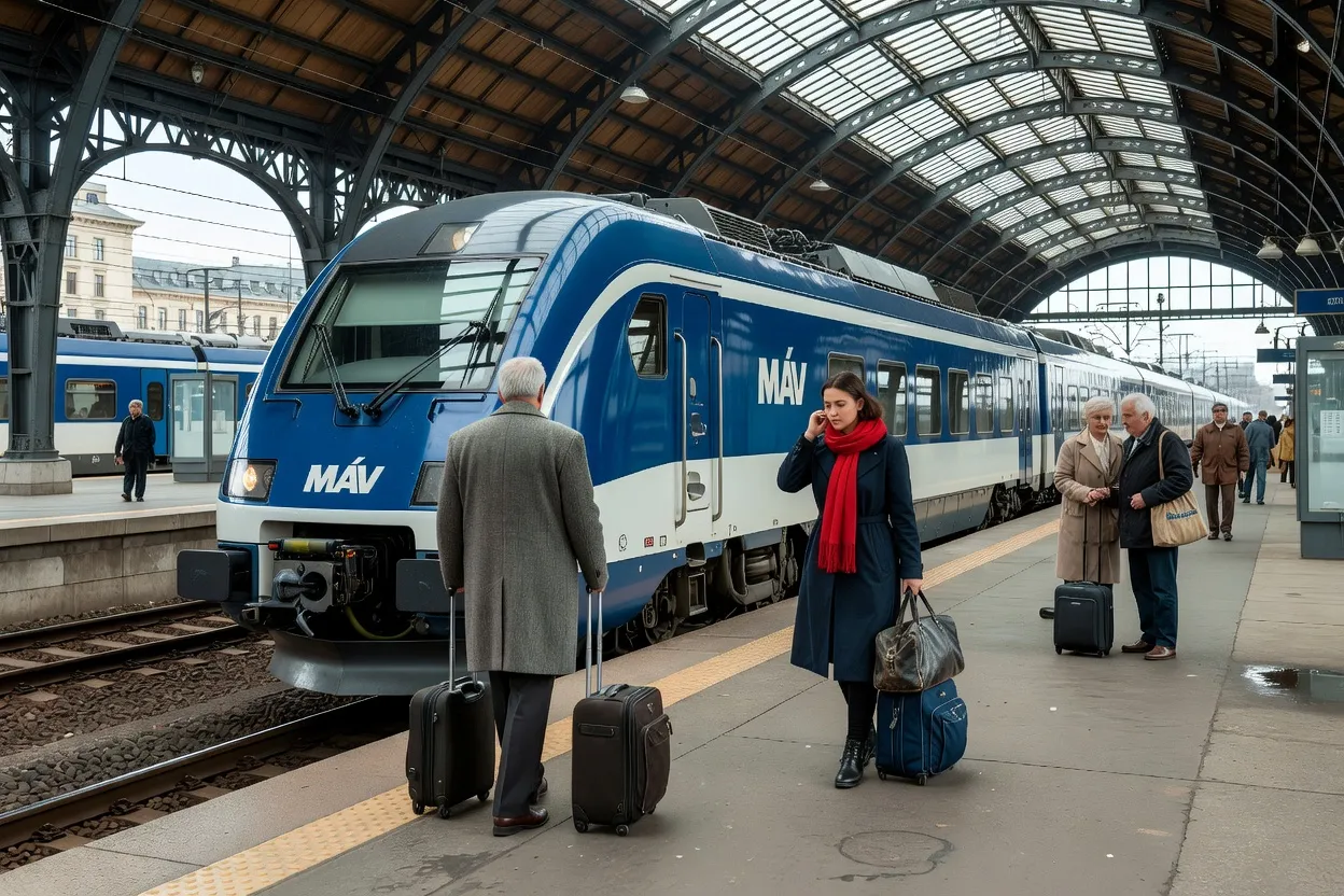 Train InterCity MÁV hongrois en gare, locomotive moderne, quai de gare de Budapest-Keleti, voyageurs