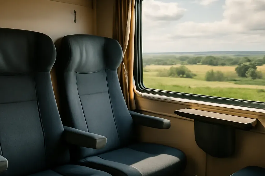 Intérieur d'un wagon de train InterCity hongrois, sièges confortables, grande fenêtre avec paysage d