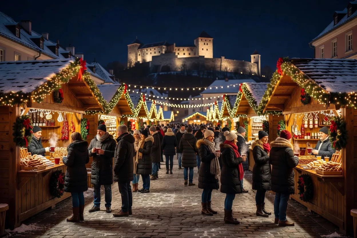 Marché de Noël illuminé sur une place historique d'Eger en Hongrie, chalets en bois