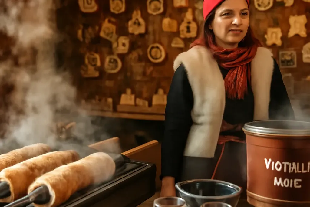 Stand de spécialités hongroises de Noël sur un marché régional, kürtőskalács fumant, vin chaud