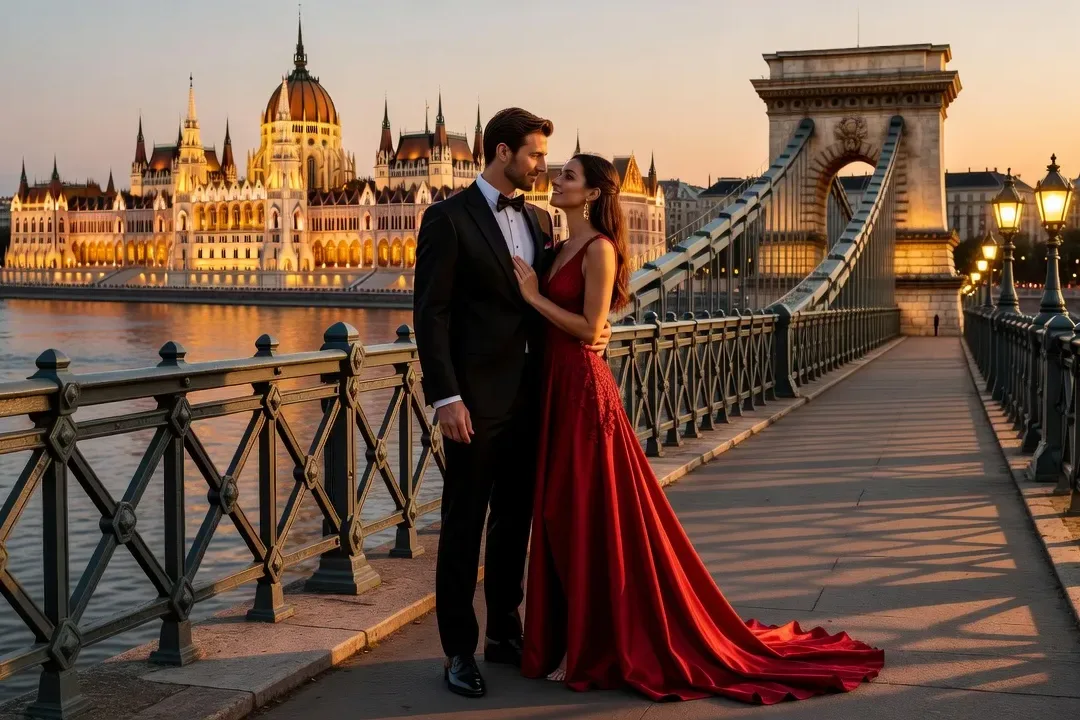 Couple en tenue de soirée sur le Pont des Chaînes de Budapest au coucher de soleil