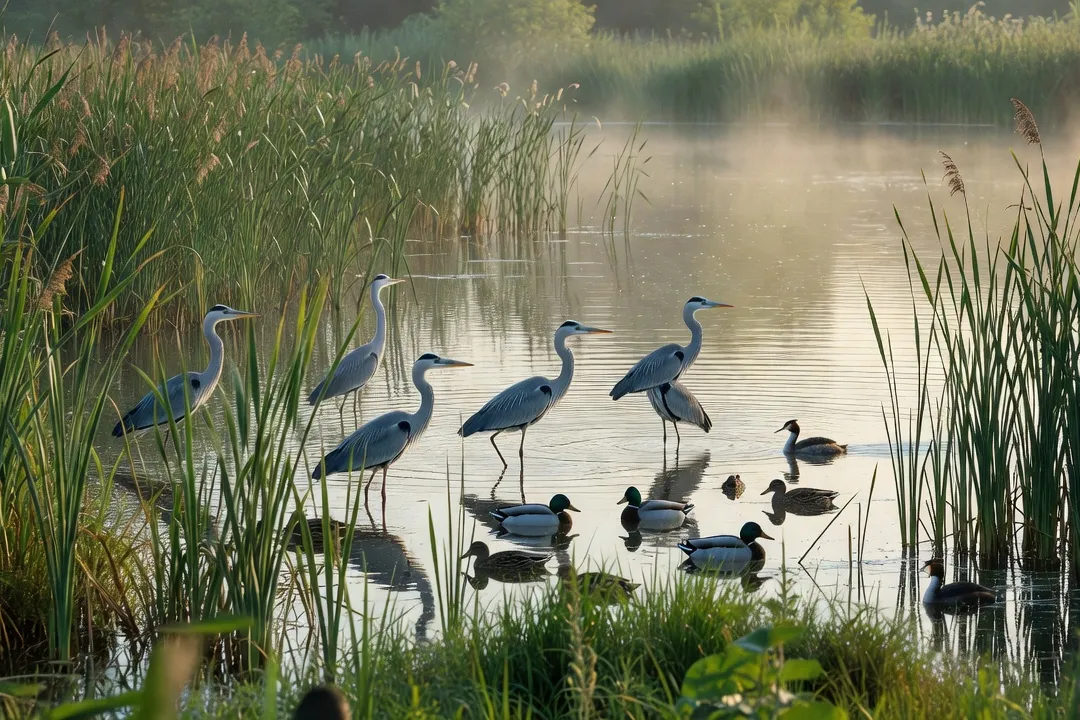 Oiseaux d'eau dans les roseaux du lac Tisza