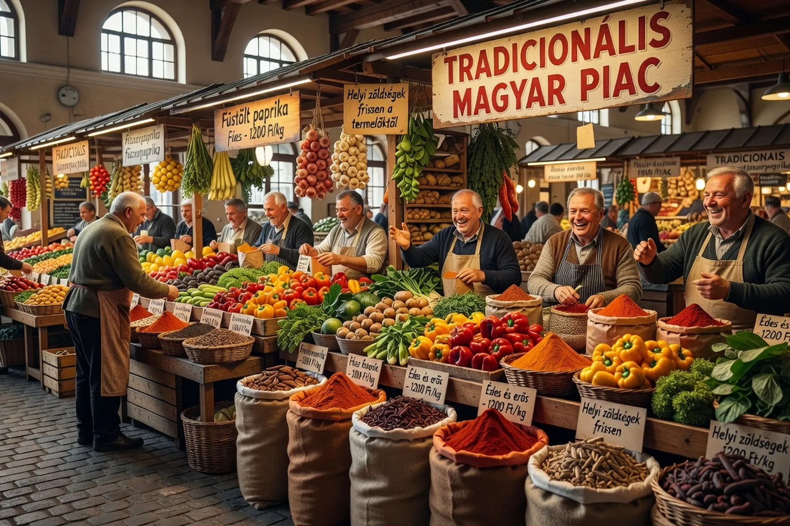 Grand Marché Central de Budapest Nagycsarnok, étals de paprika rouge vif et broderies matyó, marché traditionnel hongrois coloré