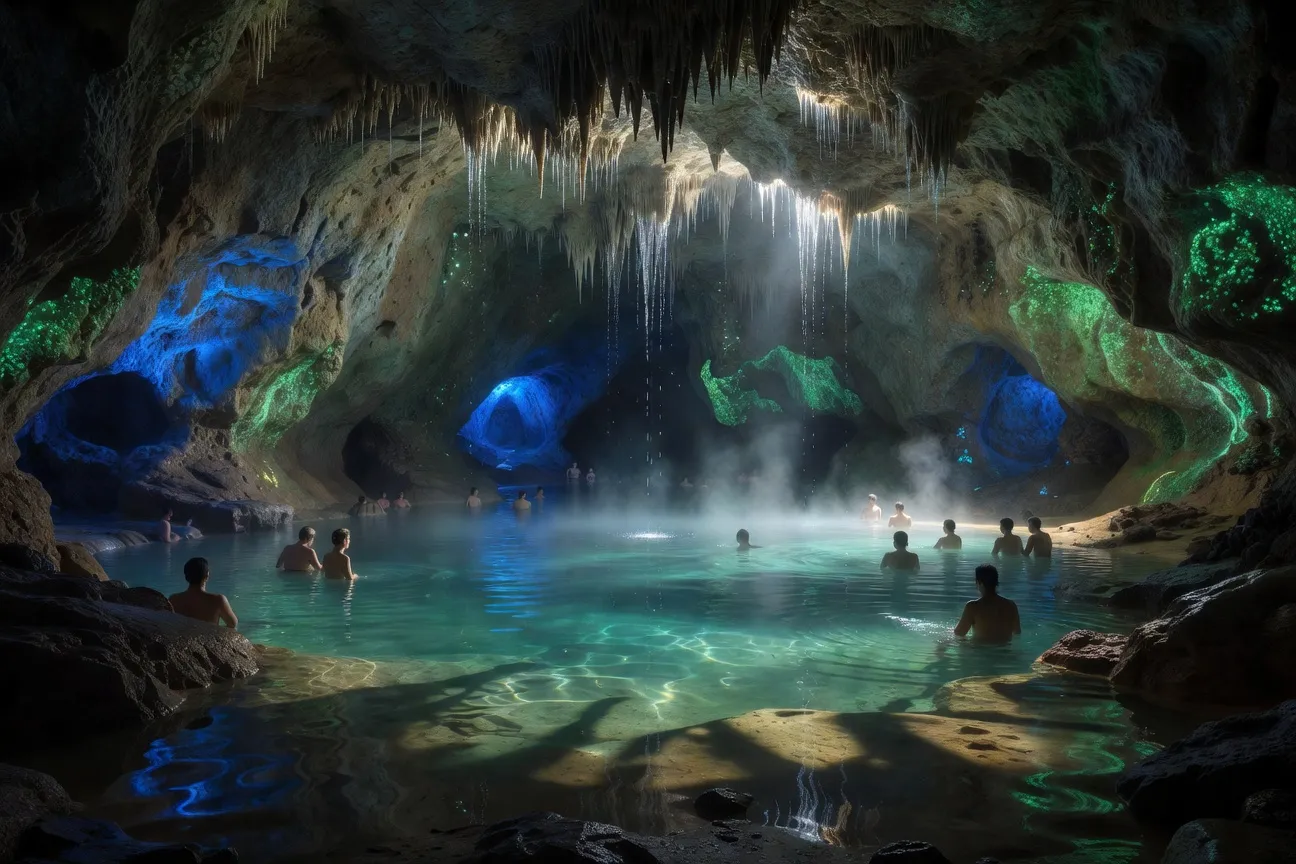 Intérieur d'une grotte thermale naturelle avec vapeur et éclairage bleuté, visiteurs se baignant dans l'eau chaude, wide landscape composition (3:2 horizontal format)