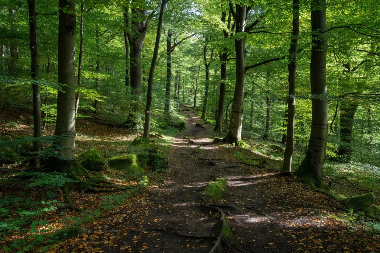 Sentier de randonnée forestier dans le massif du Bükk en Hongrie, forêt de hêtres dense