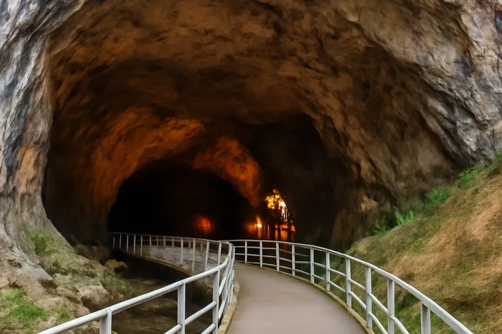Entrée de la grotte de Baradla à Aggtelek, formation karstique calcaire, passerelle d'accès touristique