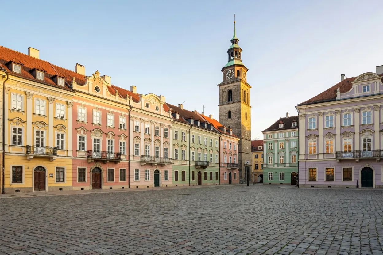 Place principale de Sopron en Hongrie, façades baroques colorées, tour de guet Tűztorony
