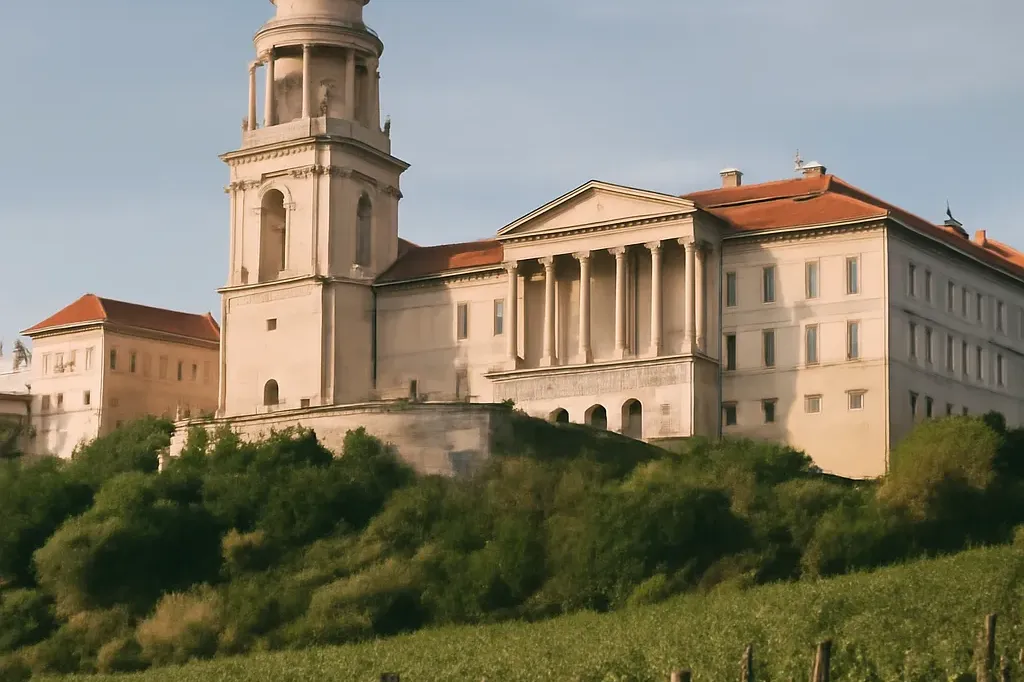 Abbaye bénédictine de Pannonhalma en Hongrie, bâtiment monastique sur une colline, vignobles environnants