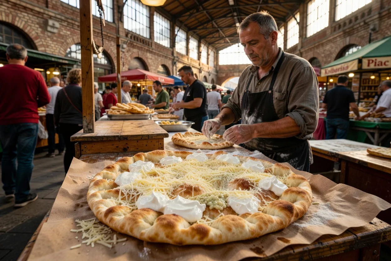 Lángos hongrois traditionnel garni de crème fraîche, fromage râpé et ail, vendeur de rue à Budapest