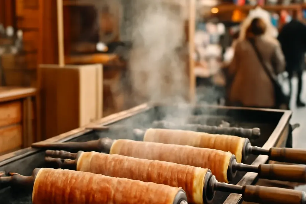 Stand de kürtőskalász (gâteau cheminée) fumant à la vapeur, roulé de pâte doré caramélisé, marché de