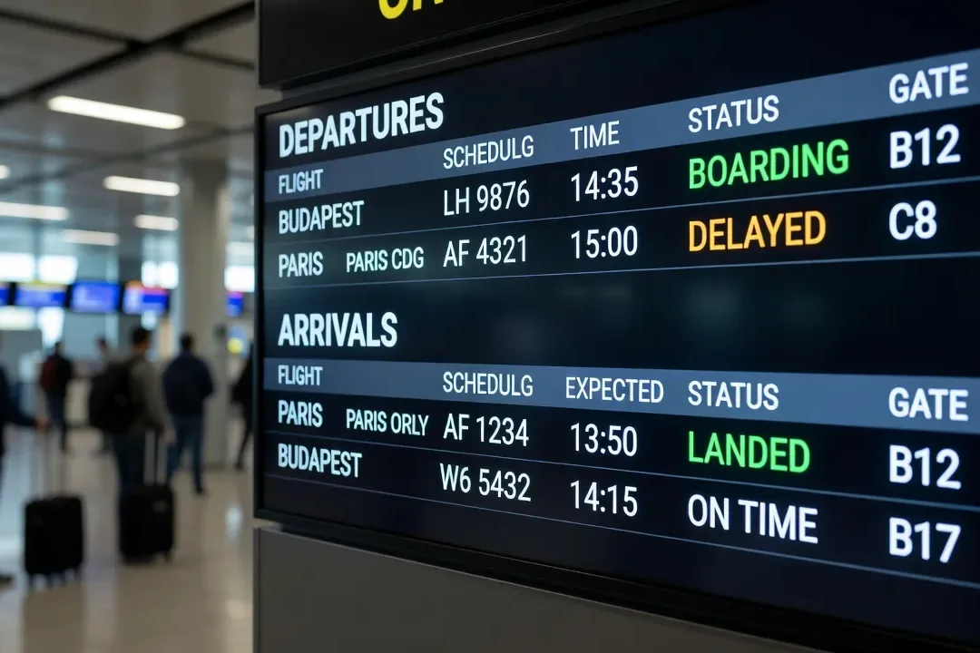 Tableau des arrivées et départs à l’aéroport Budapest Liszt Ferenc, Hongrie