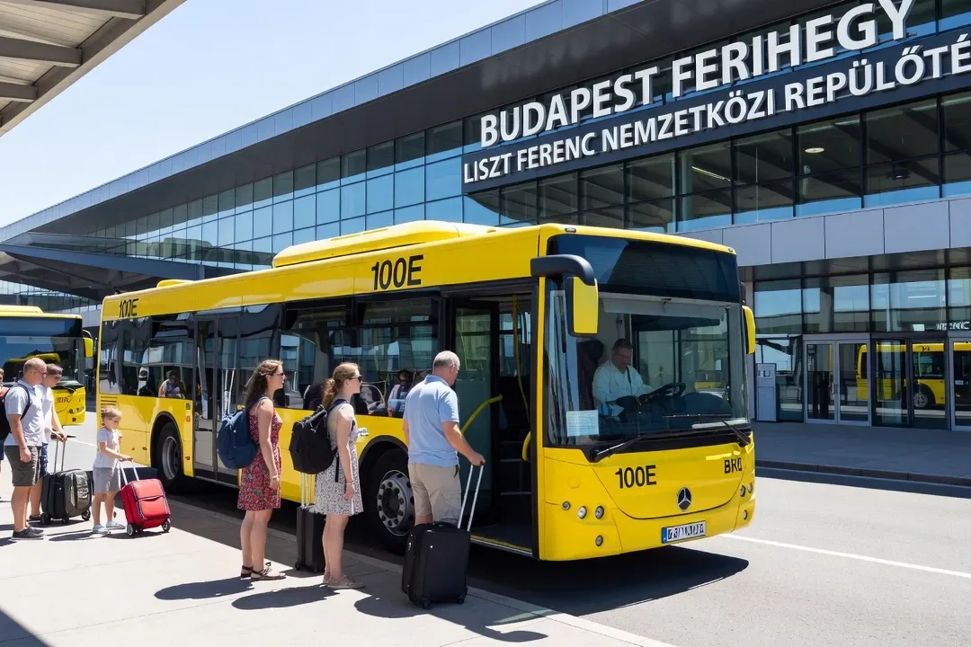Bus 100E devant l'aéroport Budapest Liszt Ferenc, liaison vers le centre-ville, Hongrie