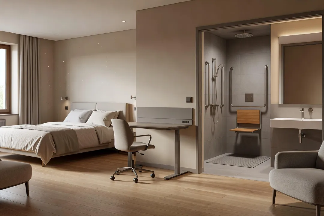 Chambre d'hôtel avec espace de circulation accessible