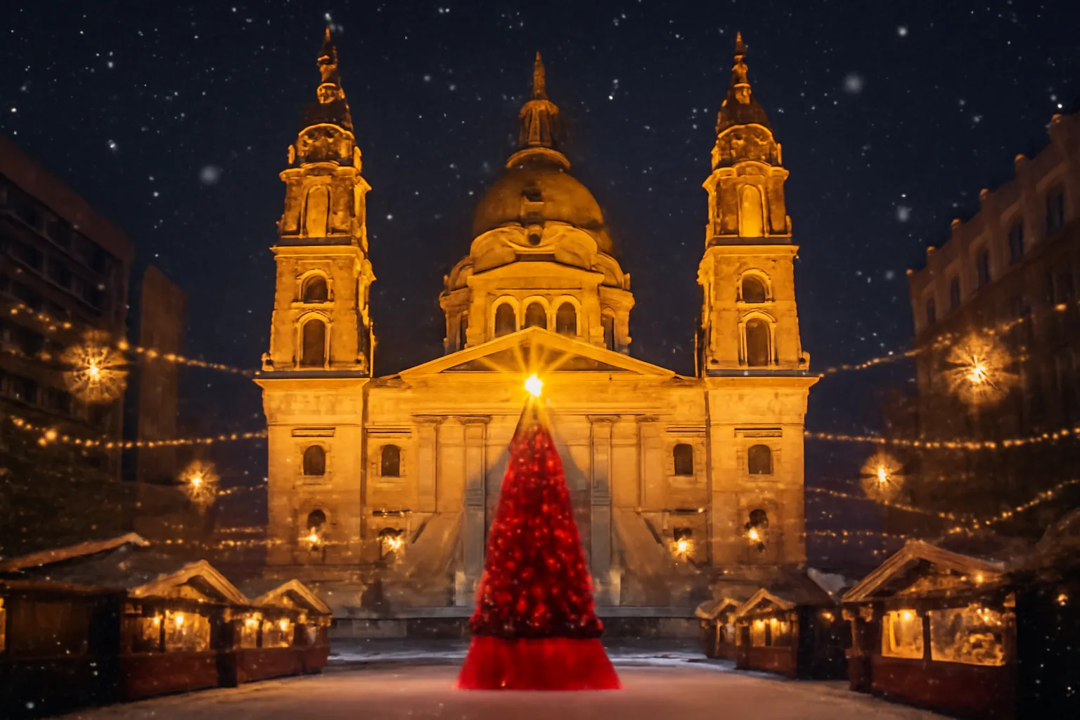 Marché de Noël de Budapest illuminé devant la basilique Saint-Étienne