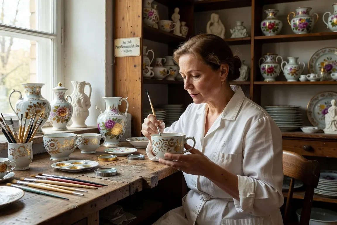 Atelier de porcelaine Herend Hongrie, artisane peignant délicatement une tasse en porcelaine blanche avec motifs floraux colorés, pinceaux fins, ambiance artisanale précieuse