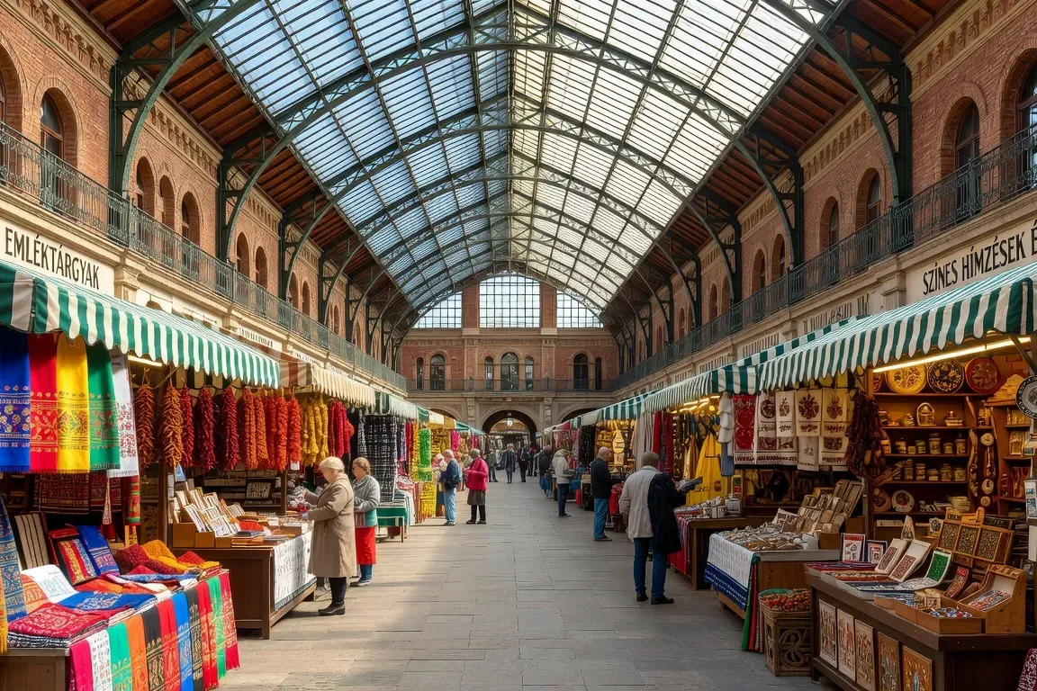 Grand Marché Couvert de Budapest Nagycsarnok, allée centrale avec étals de broderies colorées, paprikas séchés en guirlandes, souvenirs artisanaux, architecturé en fer forgé et briques rouges