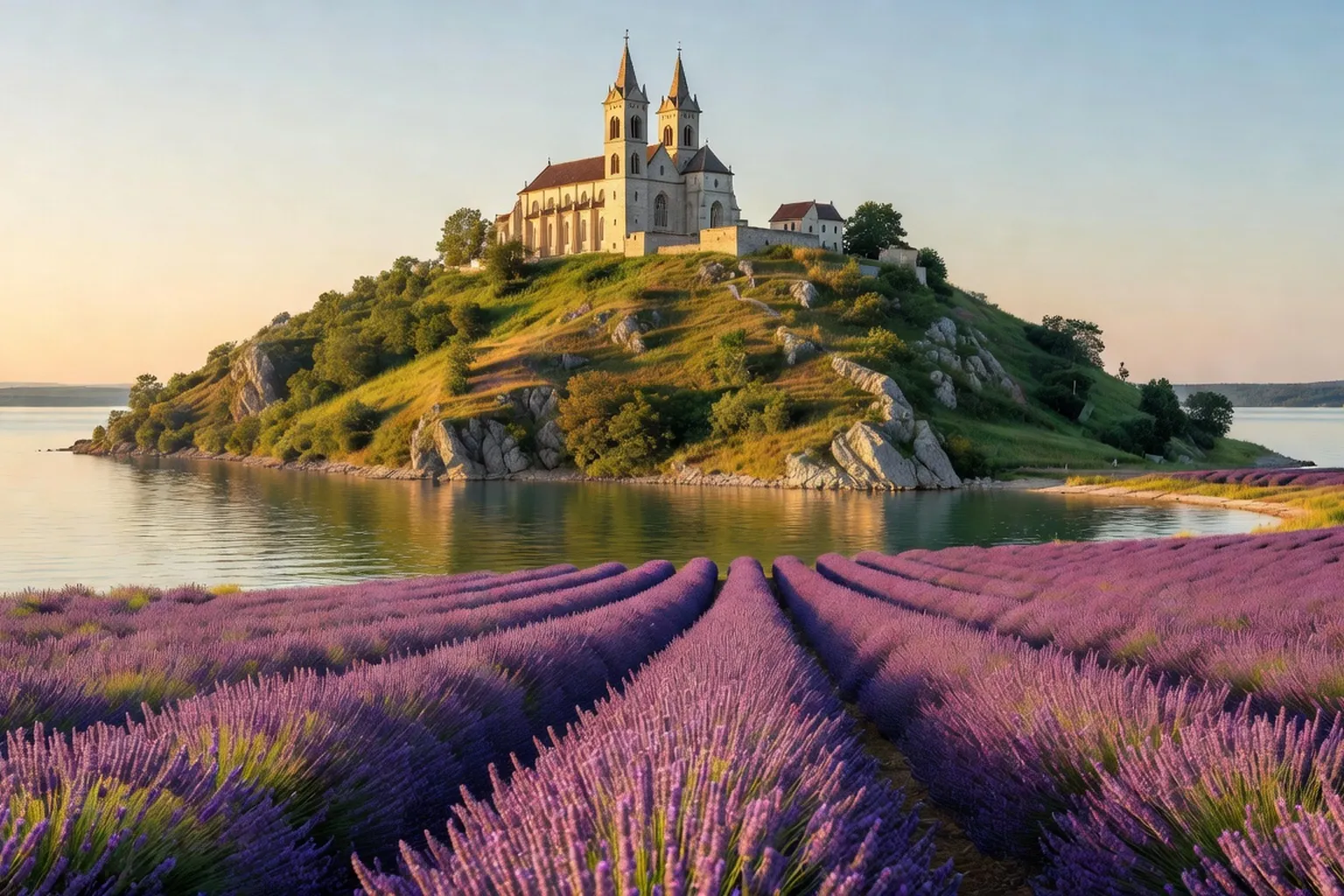 Vue panoramique de la péninsule de Tihany au-dessus du lac Balaton, abbaye bénédictine et lavande en fleur