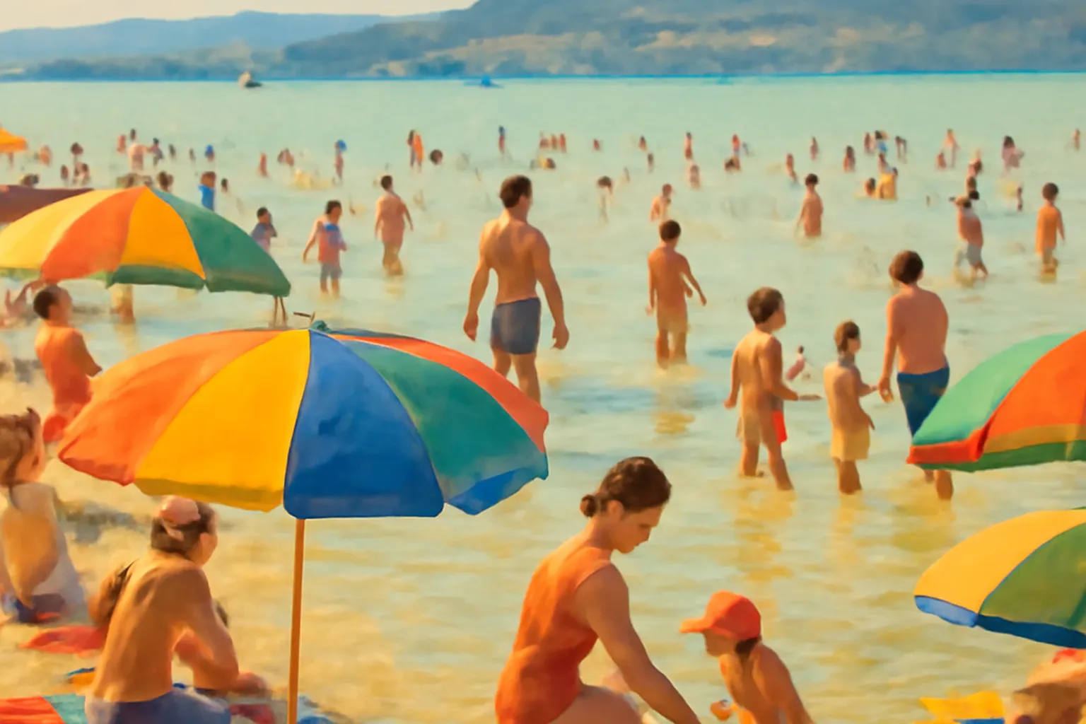 Plage animée au bord du lac Balaton en été, baigneurs, parasols colorés, eau peu profonde et familles