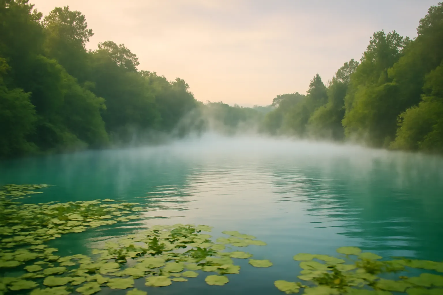 Bassins thermaux en plein air dans la campagne hongroise, vapeur s'élevant au-dessus de l'eau turquoise entourée de collines verdoyantes