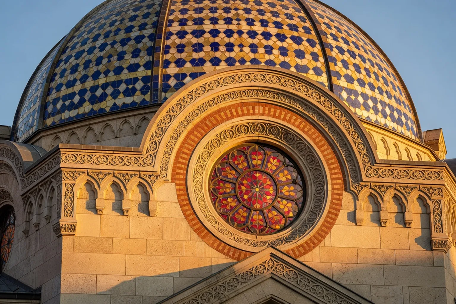 Façade de la Grande Synagogue de la rue Dohány à Budapest avec ses dômes mauresques et sa rosace, style mauresque romantique du XIXe siècle