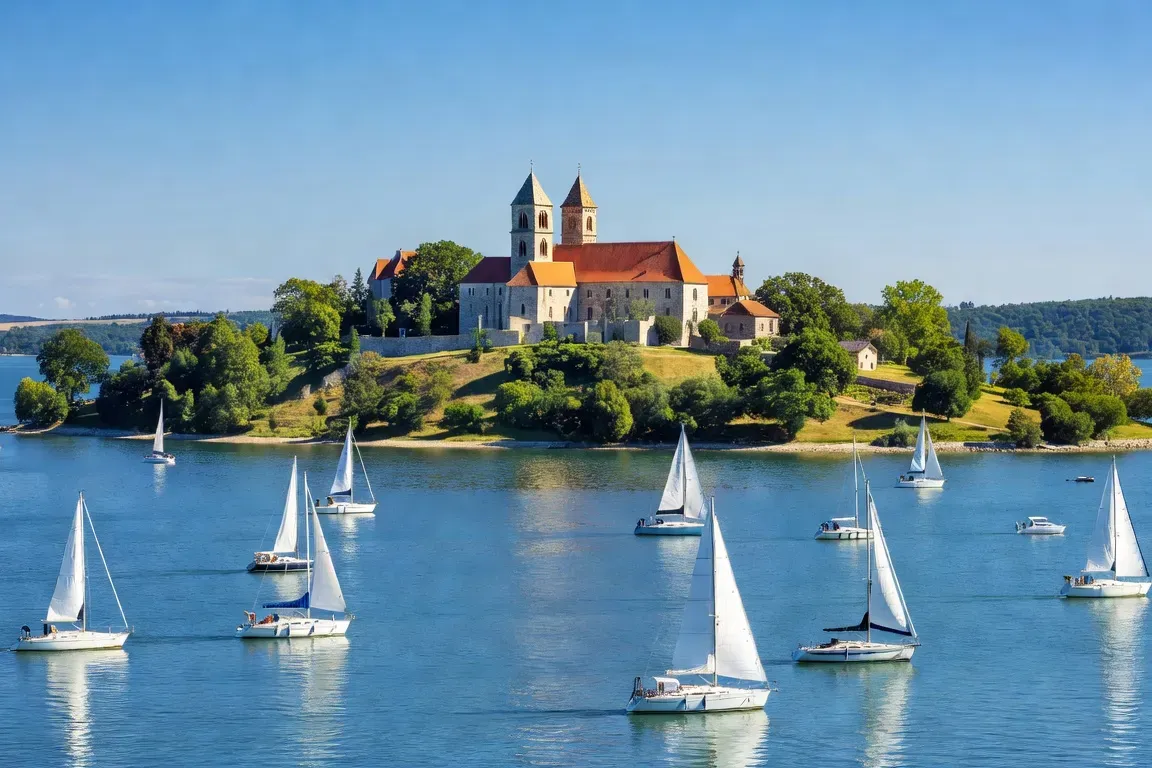 Lac Balaton côté nord, péninsule de Tihany avec l'abbaye bénédictine dominant l'eau bleue, voiliers blancs, lumière estivale chaude