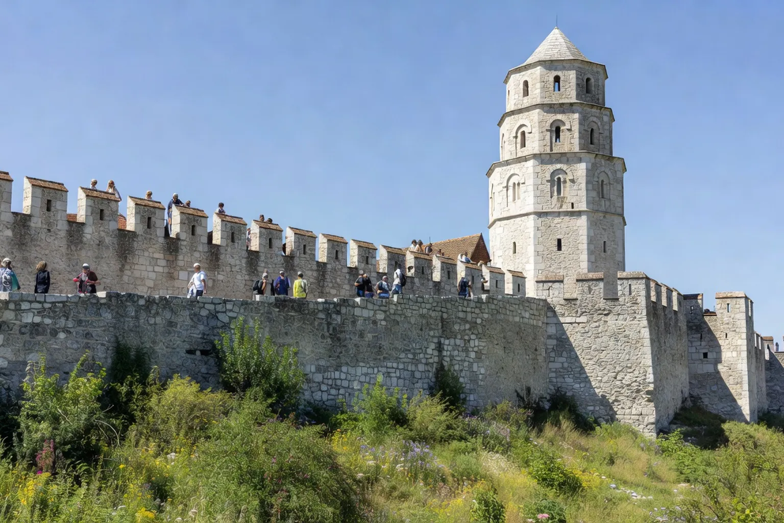 Château médiéval d'Eger Hongrie, remparts en pierre calcaire, tour octogonale ottomane, ciel bleu contrasté, quelques visiteurs sur les remparts