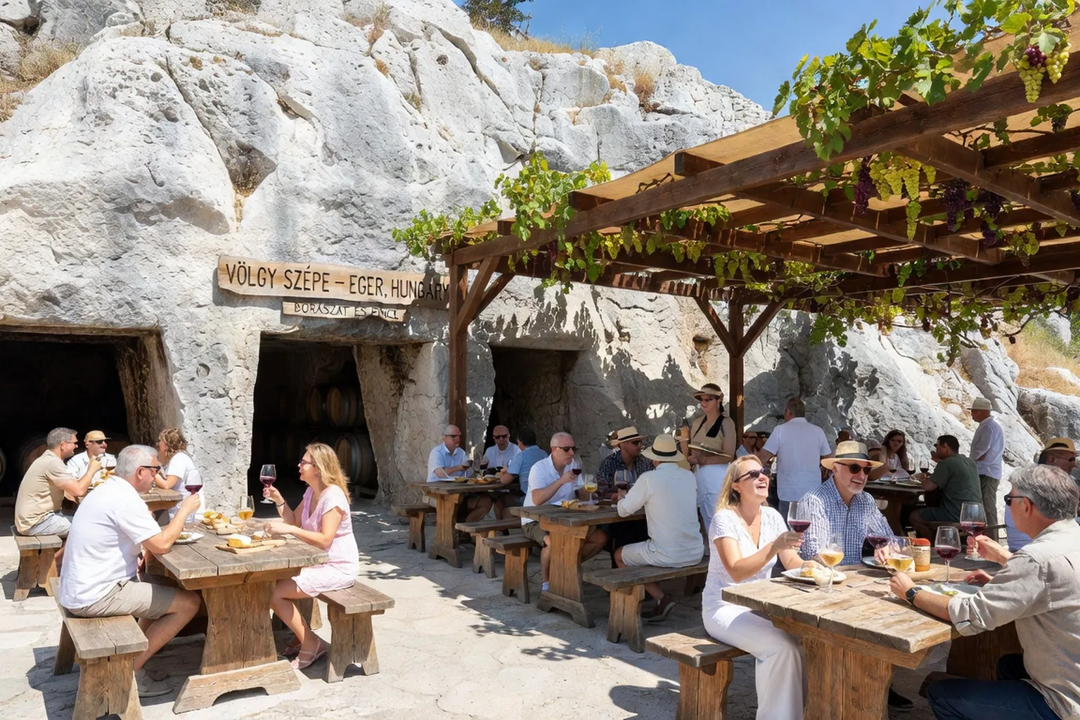 Vallée des Belles Femmes à Eger Hongrie, caves troglodytes dans le calcaire blanc, tables rustiques dehors, dégustateurs de vin en terrasse, ambiance ensoleillée