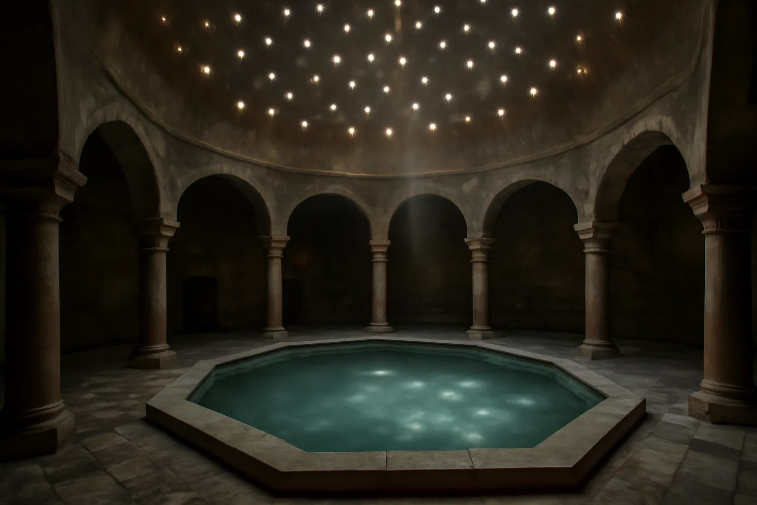 Coupole ottomane du bain Rudas à Budapest, colonnes de pierre et bassin central octogonal, lumière filtrant à travers de petites ouvertures dans le dôme