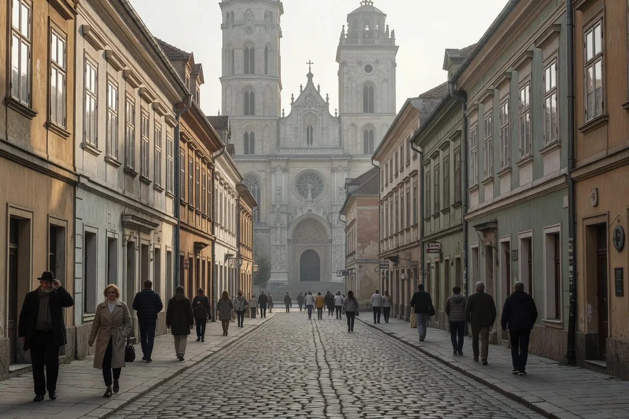 Rue baroque de Vác en Hongrie avec la cathédrale au fond, façades colorées pastel ocre et vert pâle, piétons adultes flânant dans la lumière douce du matin