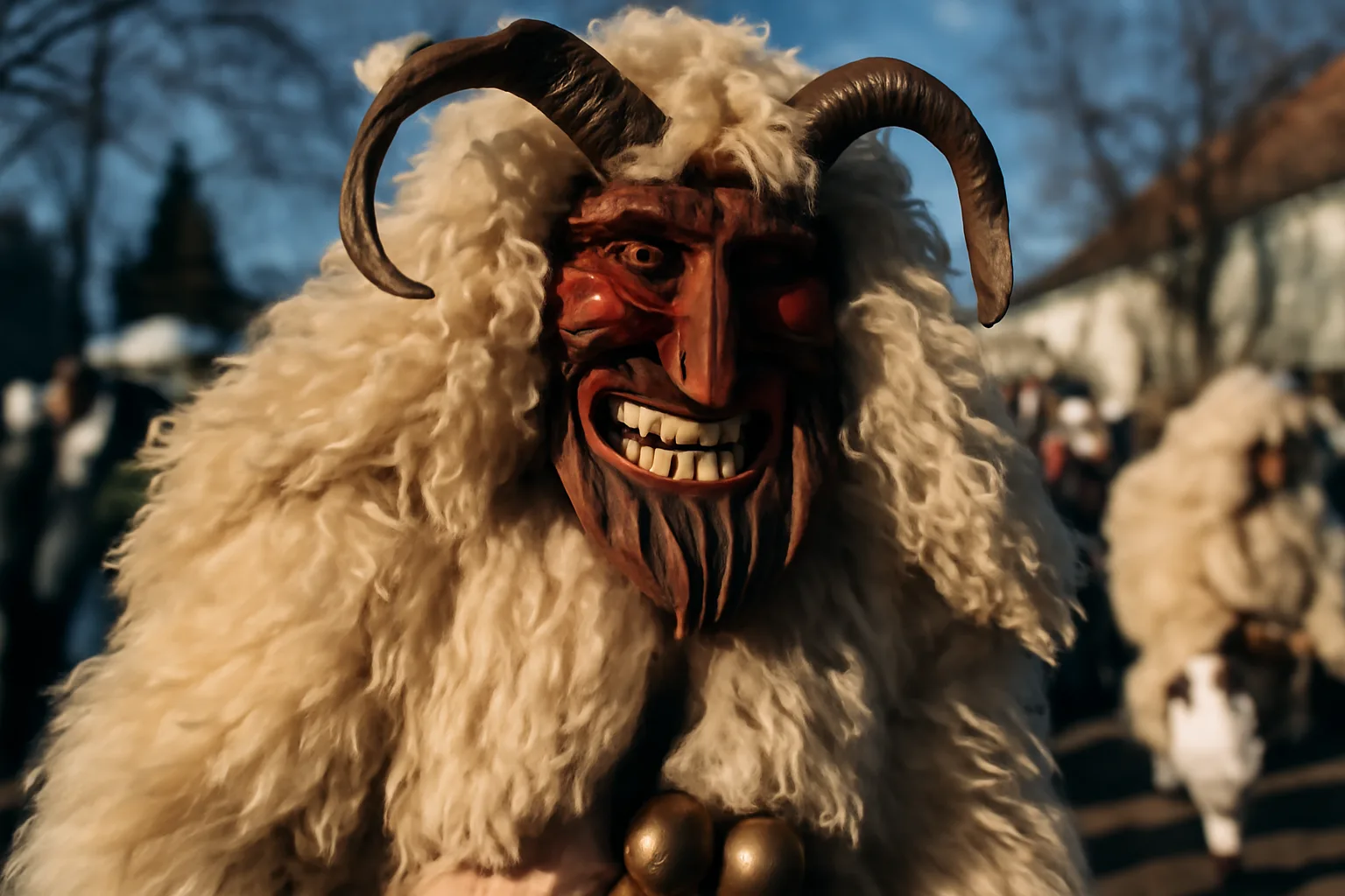 Défilé du Busójárás à Mohács en Hongrie, hommes masqués en costumes traditionnels busó avec masques en bois grimaçants et peaux de mouton, ambiance carnavalesque hivernale
