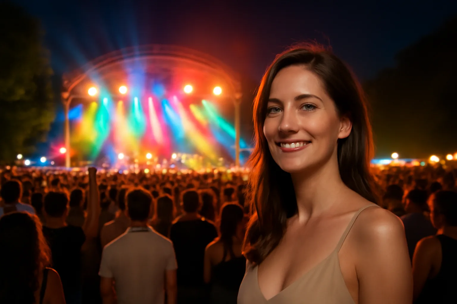 Ambiance nocturne du Sziget Festival sur l&#39;île de Budapest, foule et scène de musique illuminée, éclairages colorés, atmosphère festive estivale