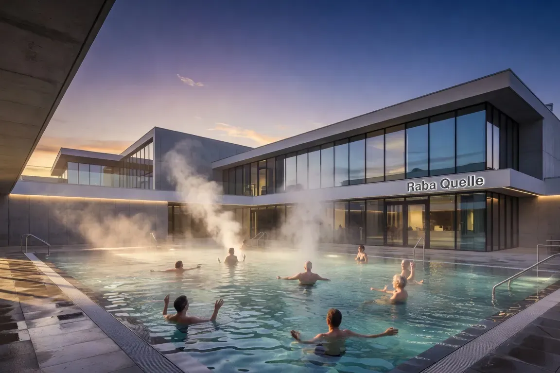 Thermes Rába Quelle de Győr Hongrie, piscine extérieure chauffée avec vapeur visible, architecture contemporaine, quelques baigneurs, lumière de soirée