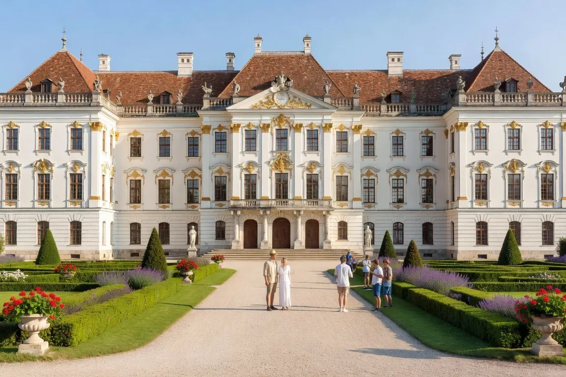 Château Esterházy à Fertőd Hongrie, façade baroque blanche majestueuse, jardins à la française, lumière d'été, visiteurs sur le parvis