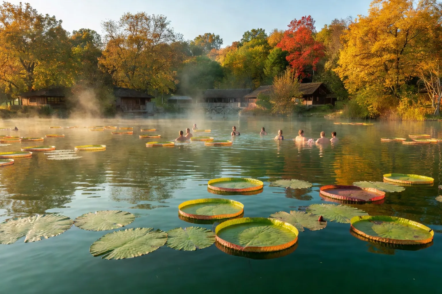 Bain thermal extérieur à Hévíz, eau vert émeraude légèrement fumante, nénuphars géants flottants, baigneurs se relaxant