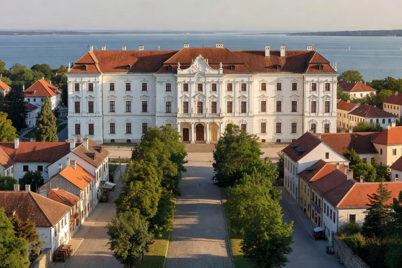 Keszthely Hongrie, château Festetics baroque dominant la ville, avenue arborée menant au château, lac Balaton visible à l'horizon