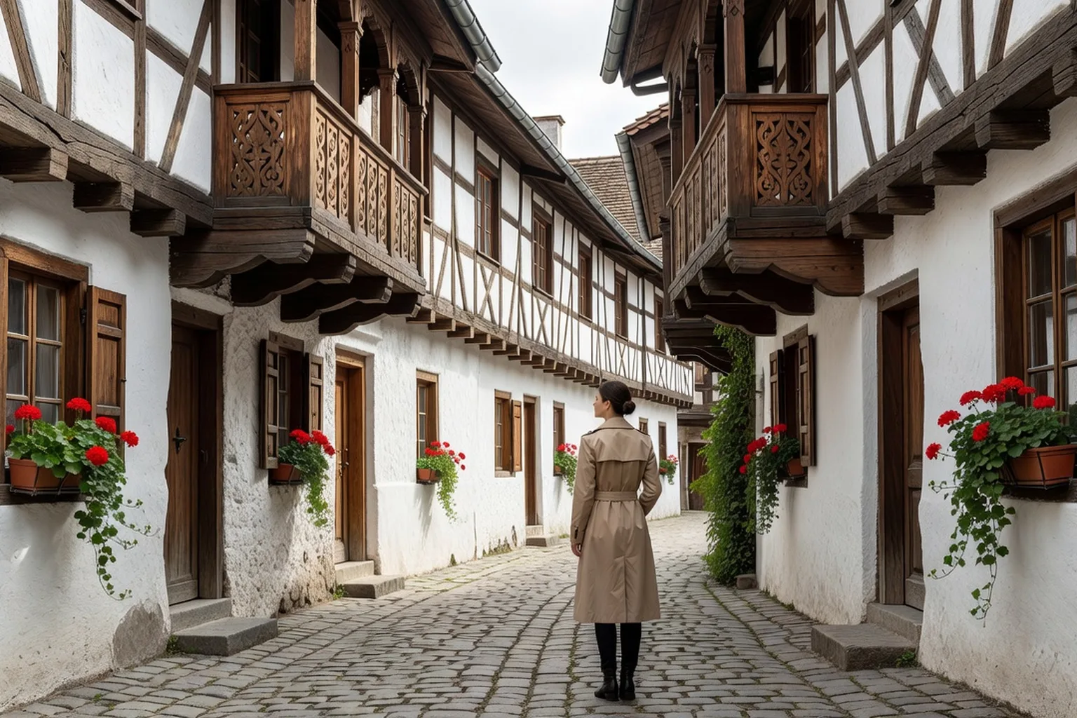 Rue pavée du village de Hollókő en Hongrie avec maisons traditionnelles blanchies à la chaux, galeries de bois, toits de chaume, ambiance villageoise authentique