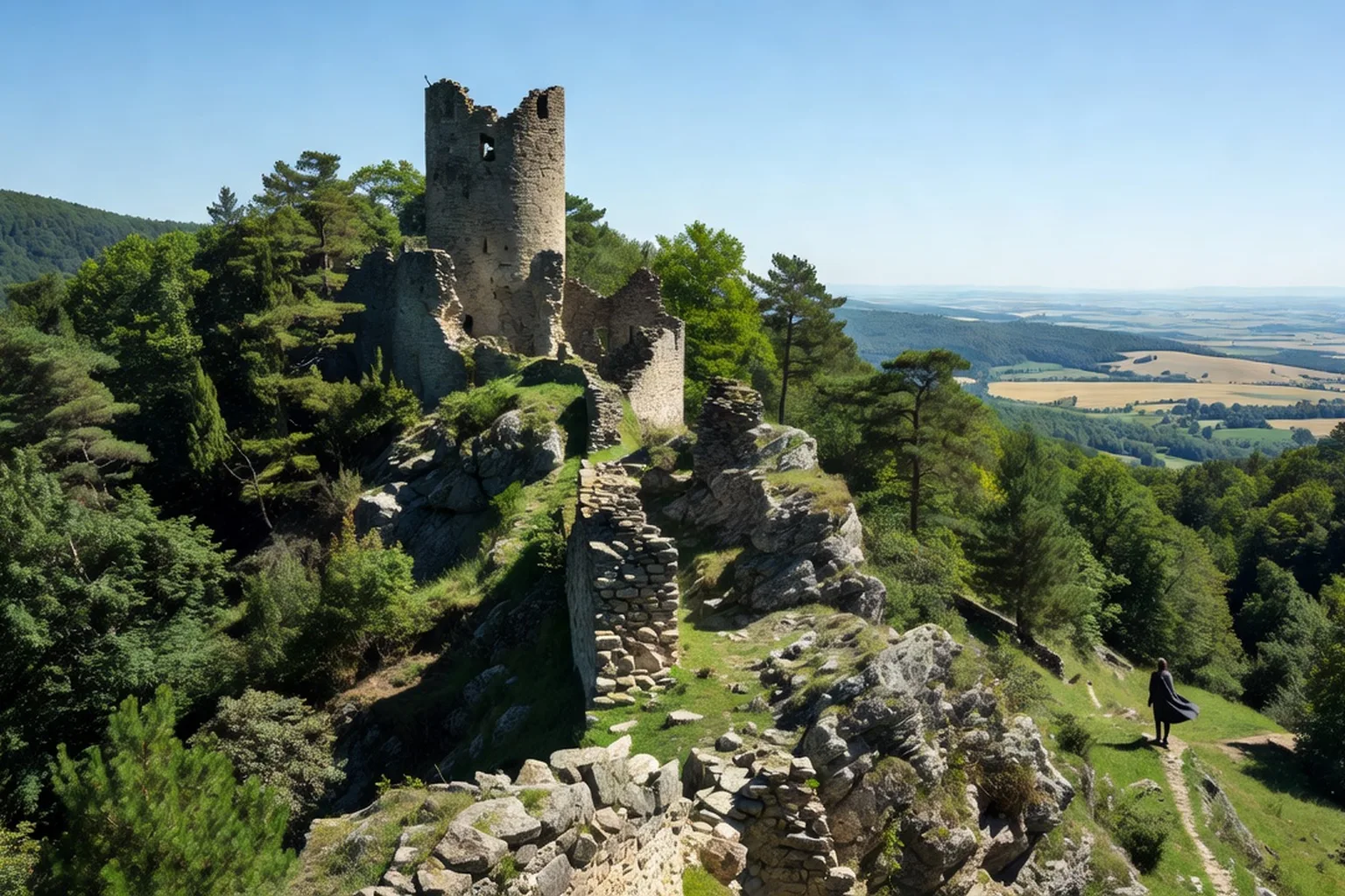 Ruines du château médiéval de Hollókő dominant le village depuis un éperon rocheux dans les monts Cserhát, Hongrie, ciel dégagé