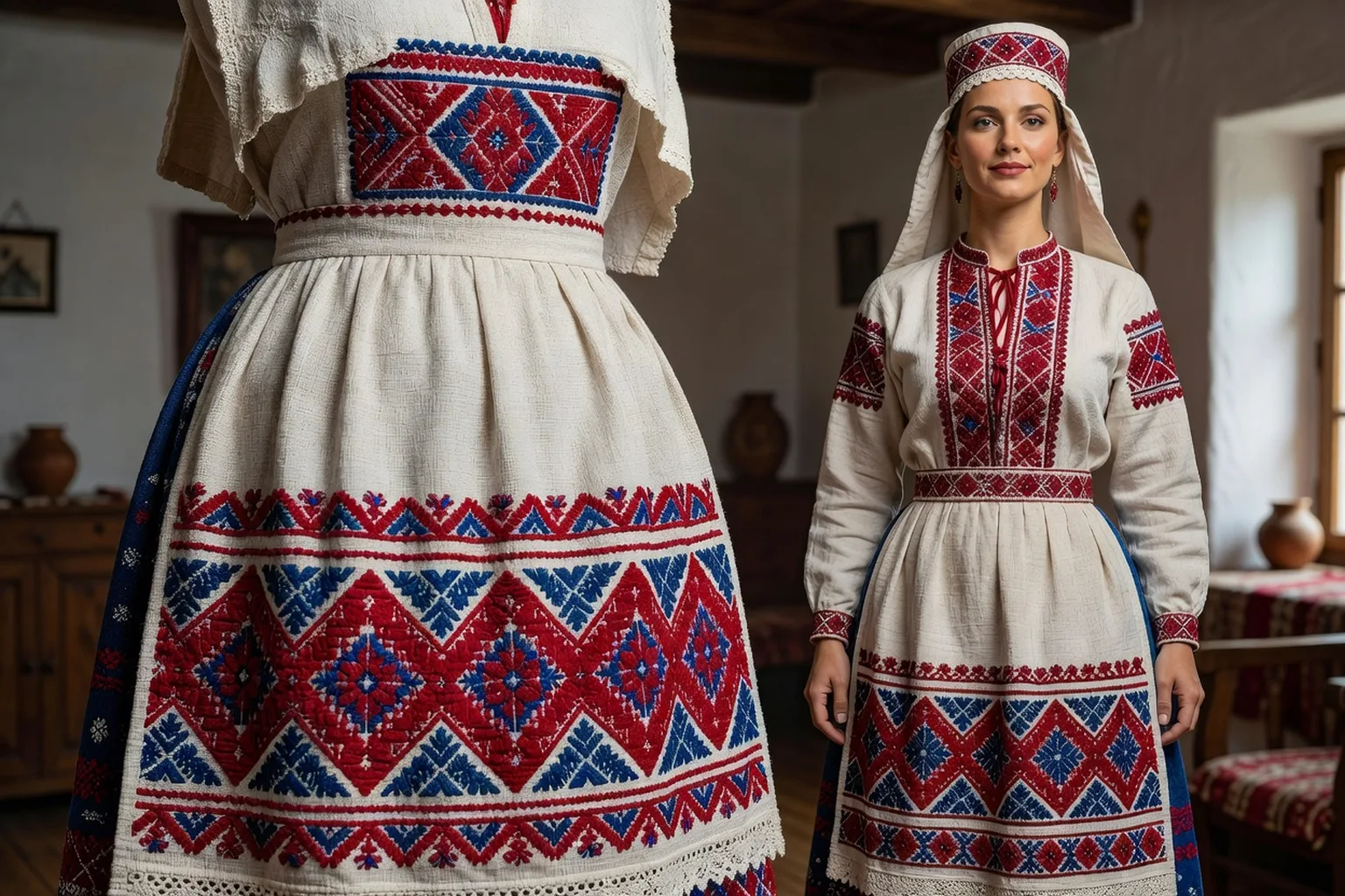 Costume traditionnel palóc brodé exposé dans une maison-musée de Hollókő, motifs géométriques rouges et bleus sur lin, coiffe et tablier traditionnels