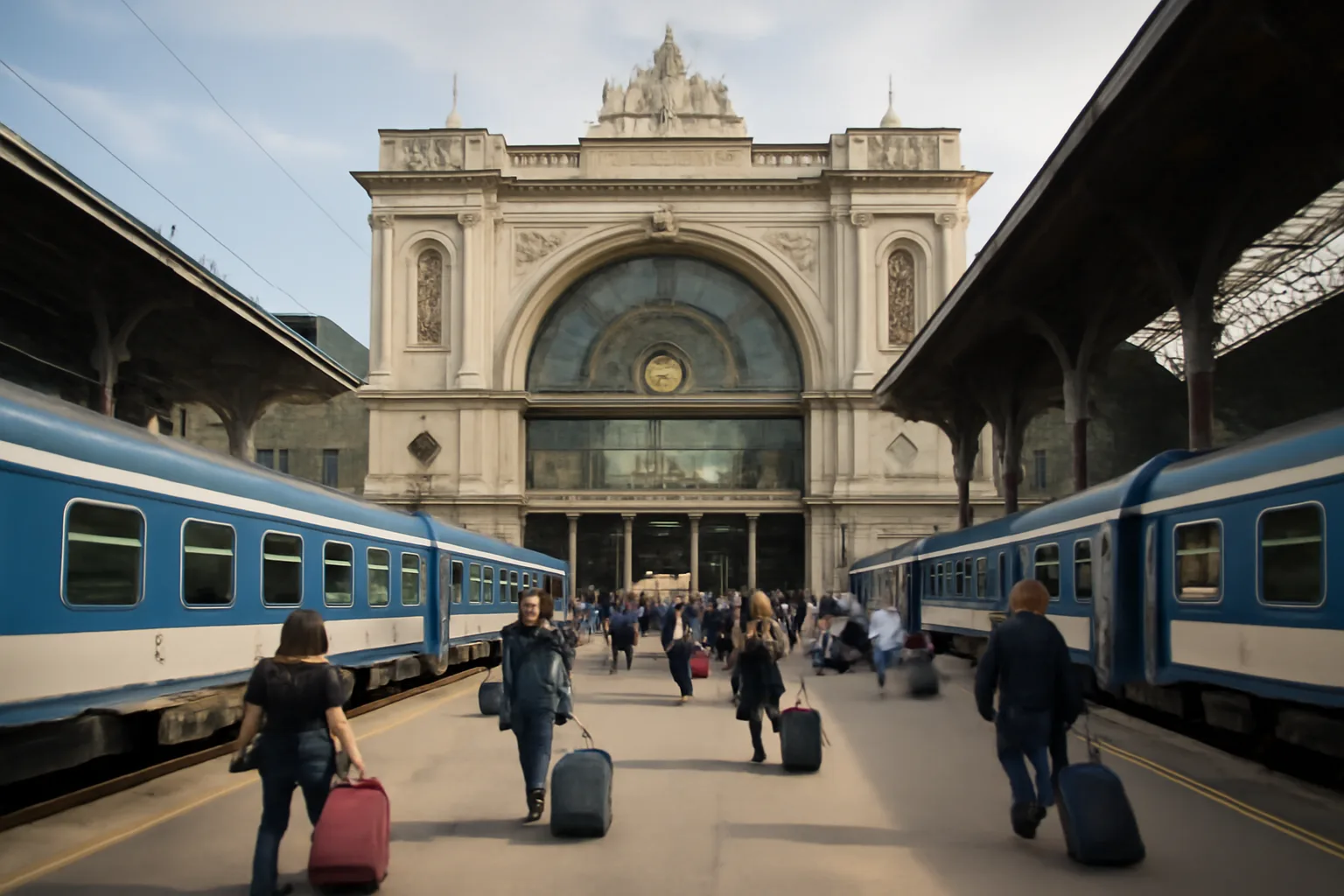 Gare de Budapest-Keleti avec sa façade néo-Renaissance, quais et trains InterCity, voyageurs avec bagages, architecture ferroviaire historique