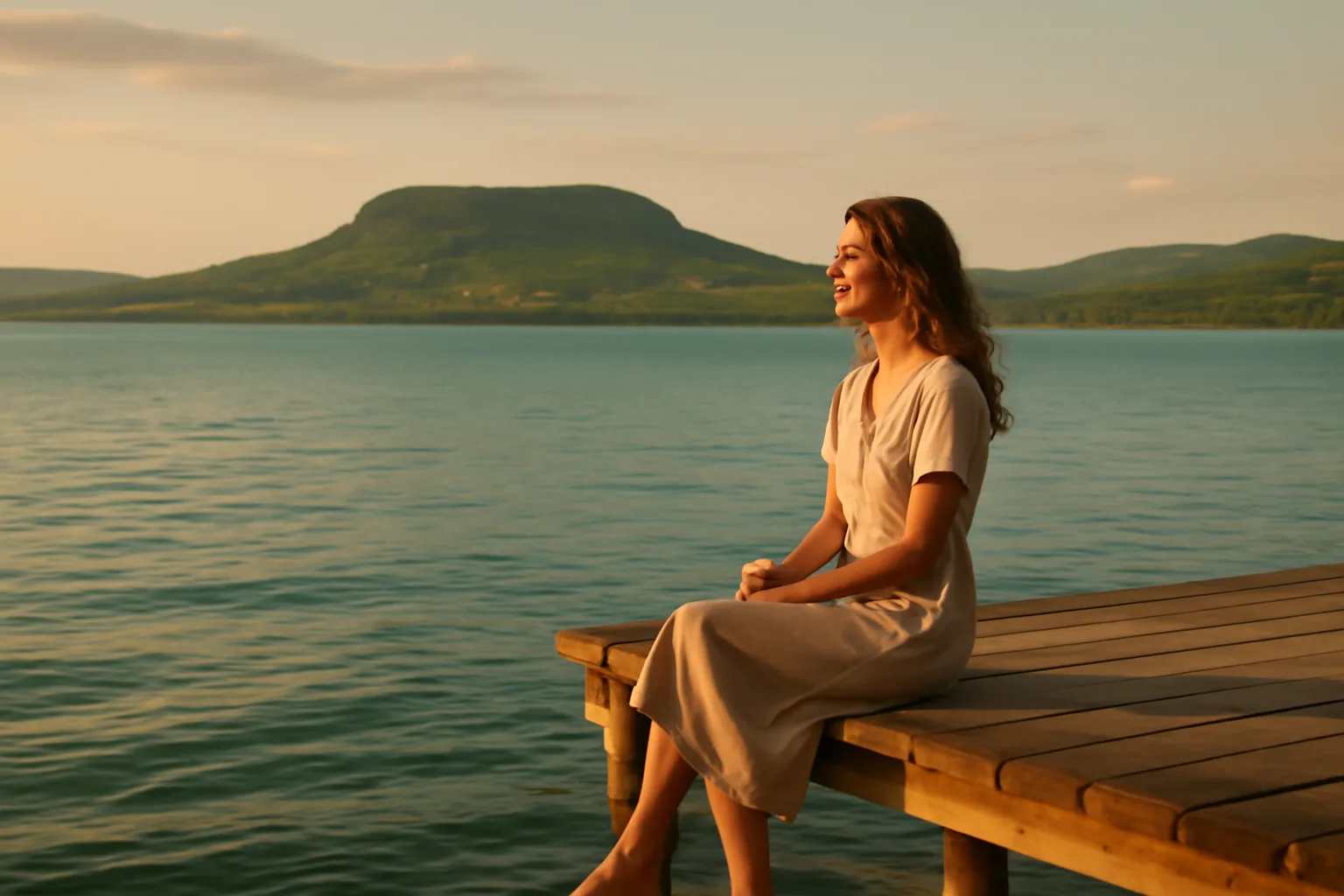 Rive nord du lac Balaton depuis Balatonfüred, ponton en bois, eau calme, collines viticoles en arrière-plan, lumière de fin d&#39;après-midi