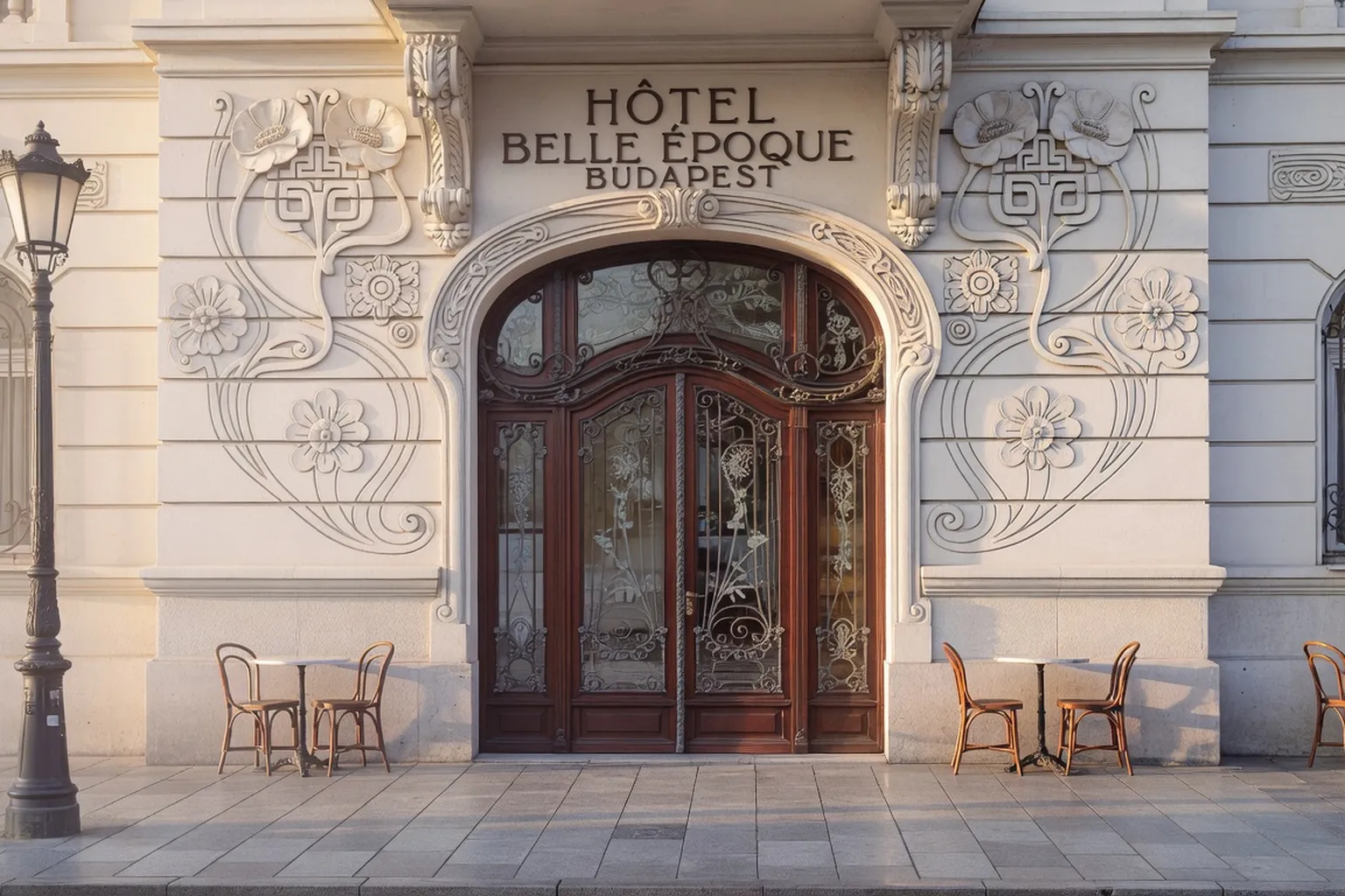 Façade élégante d'un hôtel Belle Époque à Budapest, art nouveau, lumière matinale