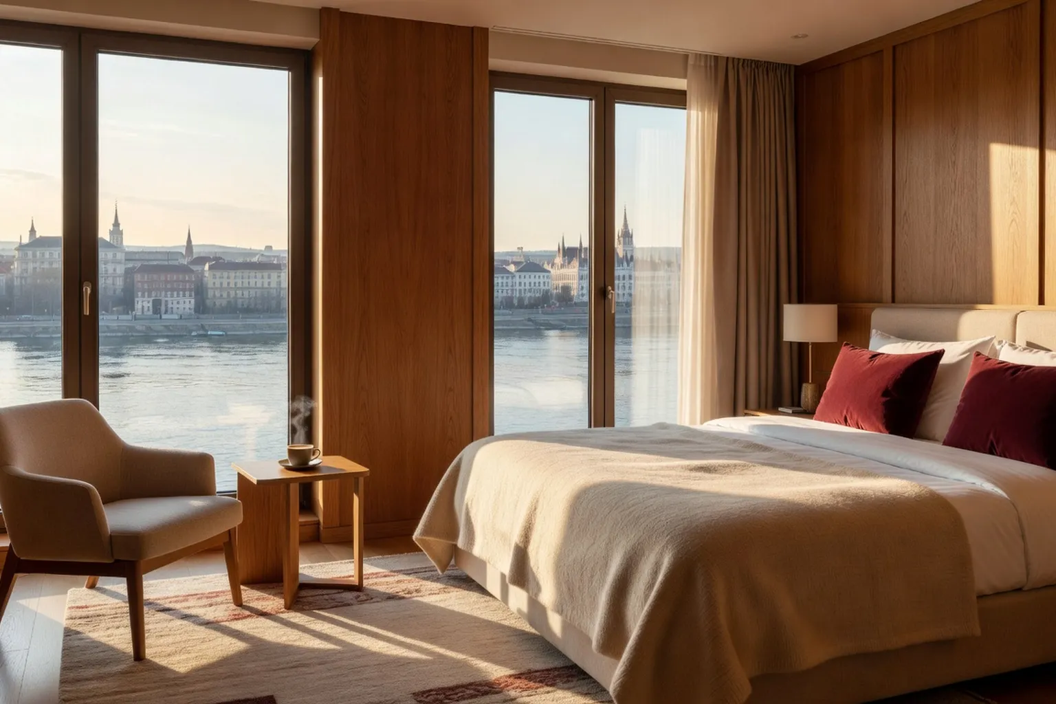 Chambre d'hôtel moderne à Budapest avec vue sur le Danube, grandes fenêtres, décoration chaleureuse